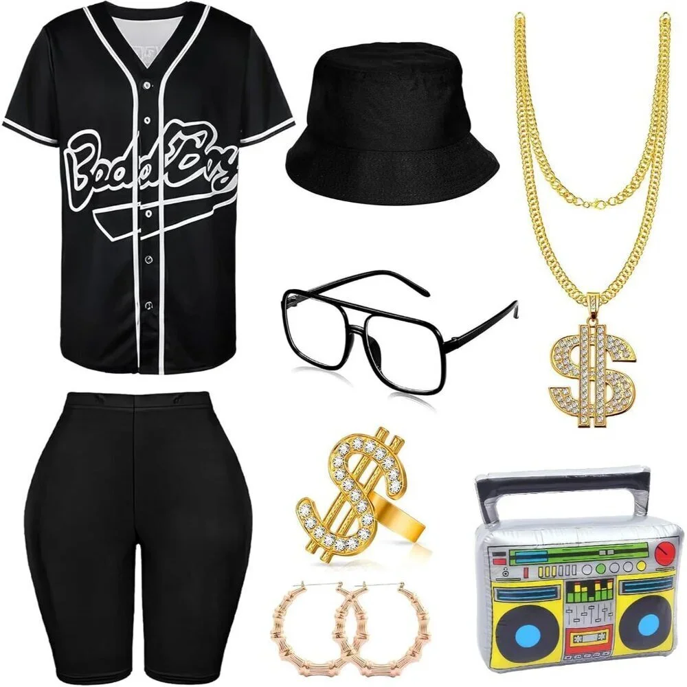 80s 90s Women Outfit 6PCS Hip Hop Costume Baseball Jersey Pants Accessories